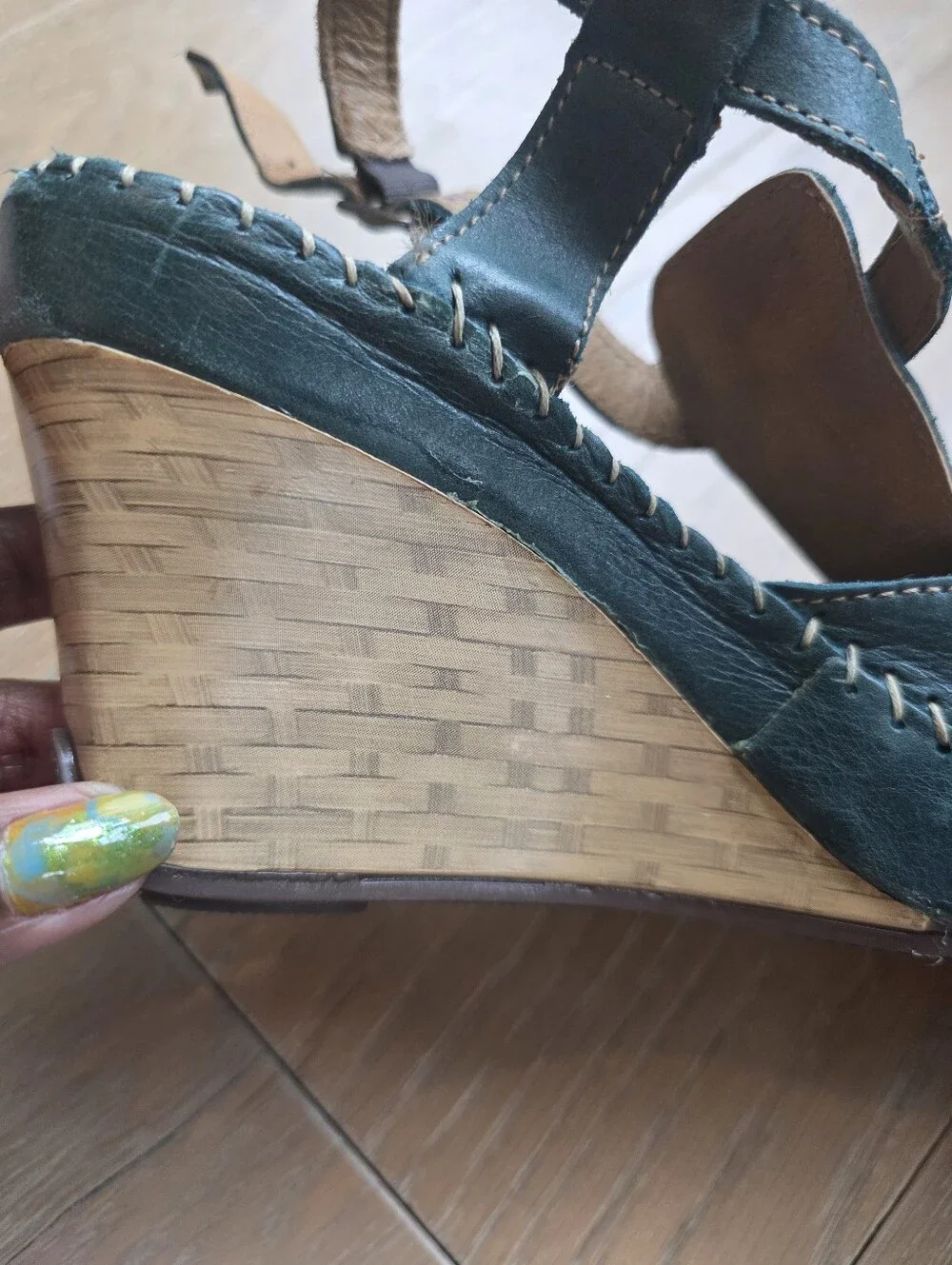 Comfort Leather Teal Wedge Sandals with Adjustable Straps